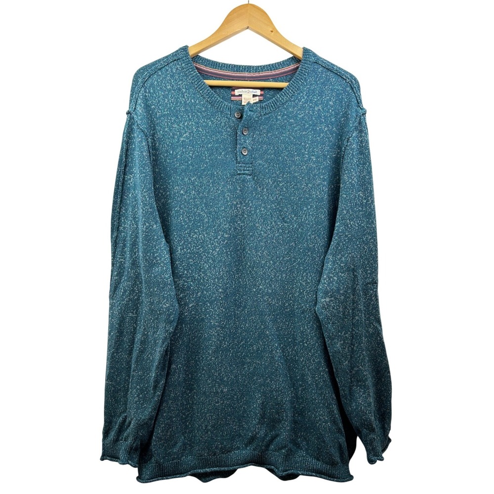 Carbon2Cobalt Henley Sweater Mens XXL Green Cotton Knit Casual Pullover Classic